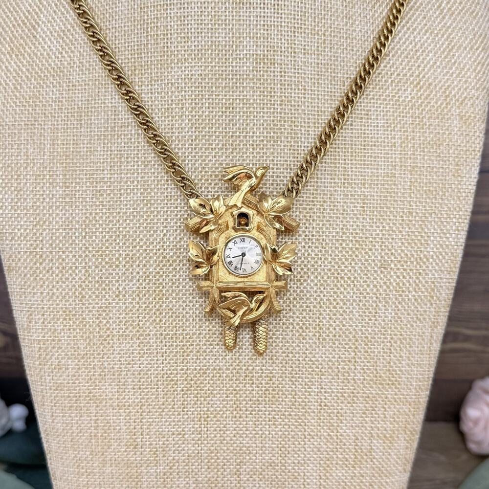 1960s Crown Trifari Gold Plate Cuckoo Clock Watch Necklace - Picture 2 of 16